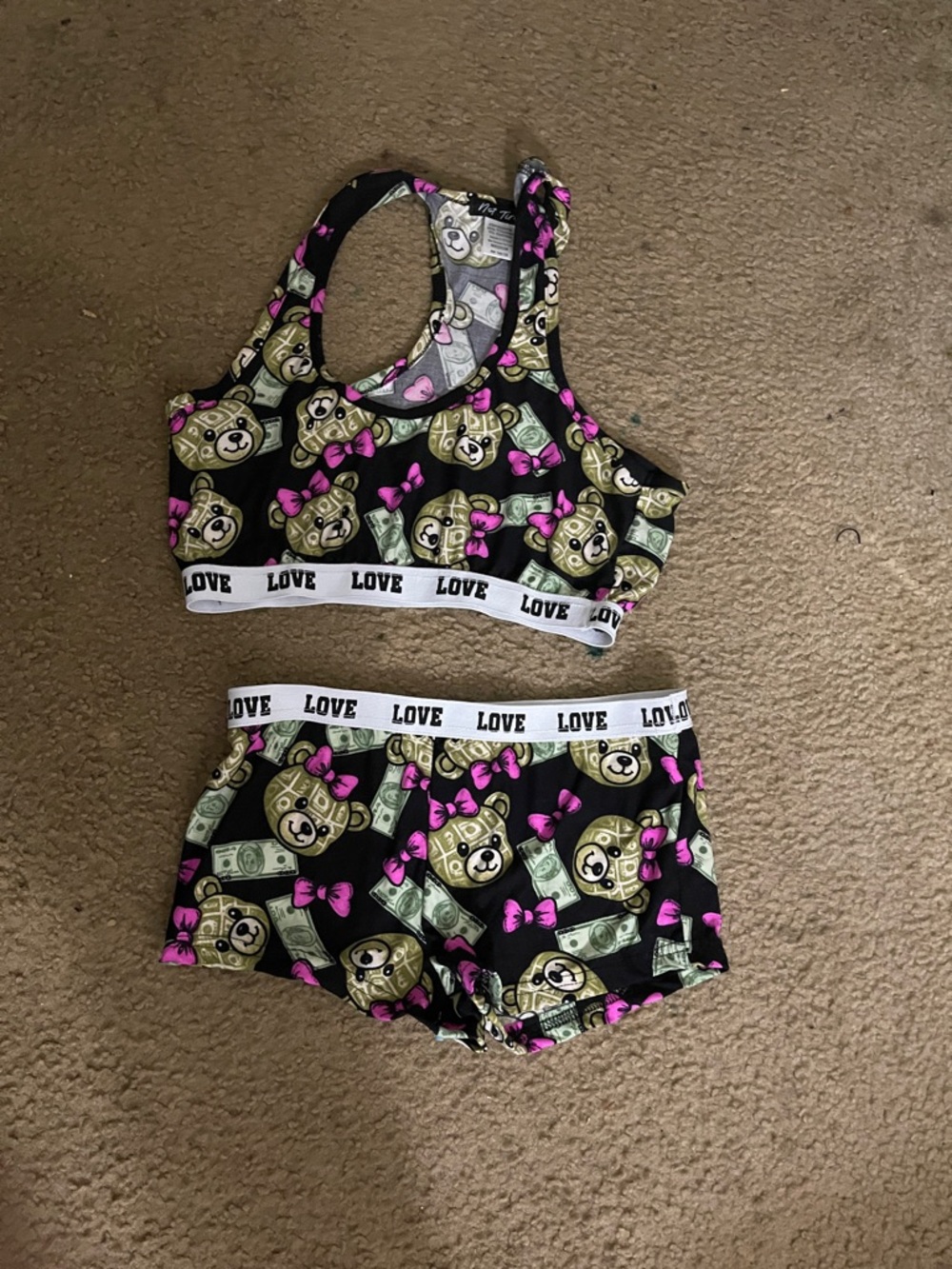 Black Teddy Bear Print Lounge Set with Pink Accents